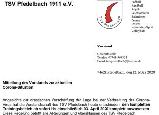 Hauptverein – Mitteilung des Vorstands zur aktuellen Corona-Situation