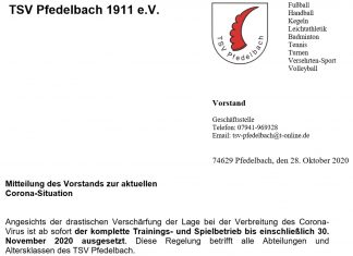 Hauptverein – Mitteilung des Vorstands zur aktuellen Corona-Situation