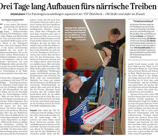 Pressebericht aus der Hohenloher Zeitung vom 05.02.2026 zum Pfedelbacher Fasching, der am kommenden Freitag beginnt